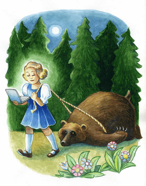 Flicka och björn i klott, teckning 2016